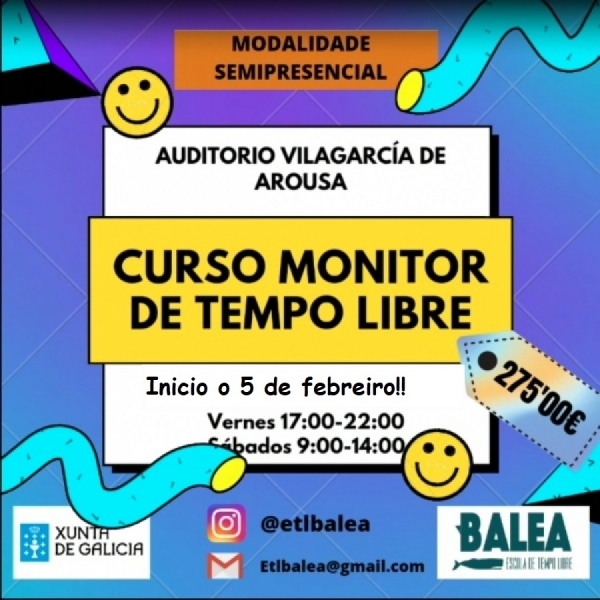 Nova data do curso en Vilagarcía de Arousa de Monitor/a de Actividades de Ocio e Tempo Libre da ETL Balea